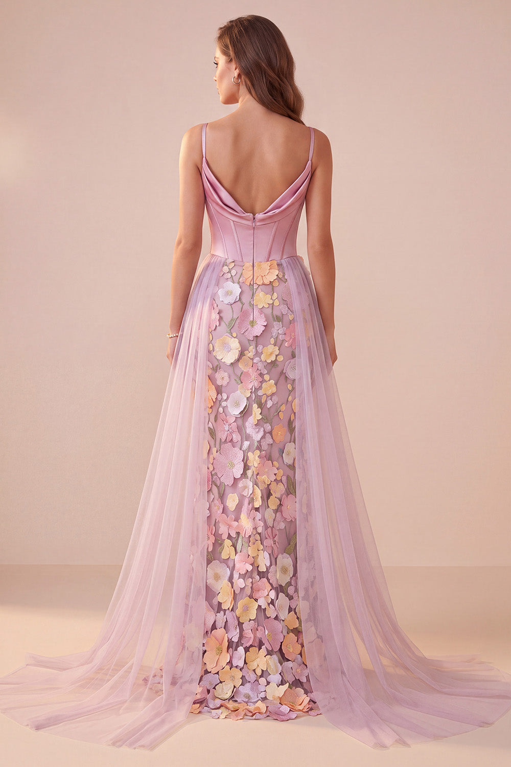 Pink Mermaid Floral Corset Ruched Satin Long Prom Dress with Cape