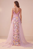 Pink Mermaid Floral Corset Ruched Satin Long Prom Dress with Cape
