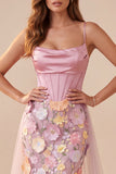 Pink Mermaid Floral Corset Ruched Satin Long Prom Dress with Cape