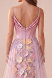 Pink Mermaid Floral Corset Ruched Satin Long Prom Dress with Cape