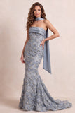 Sparkly Dusty Blue Floral Mermaid Sequins Ruched Long Prom Dress with Neck Scarf