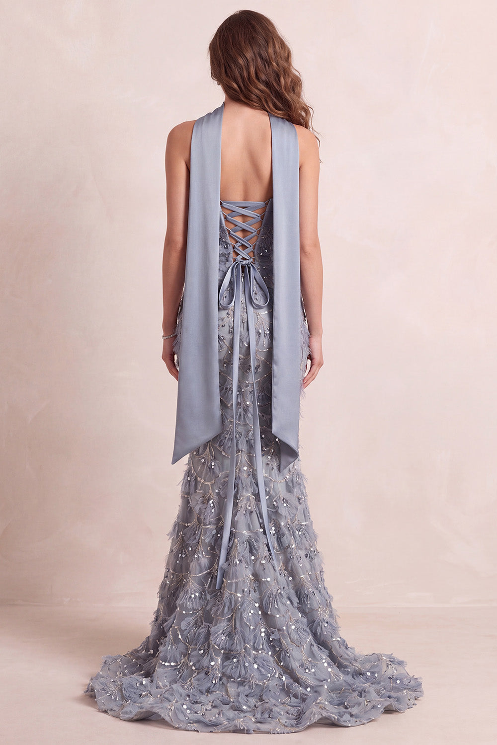 Sparkly Dusty Blue Floral Mermaid Sequins Ruched Long Prom Dress with Neck Scarf