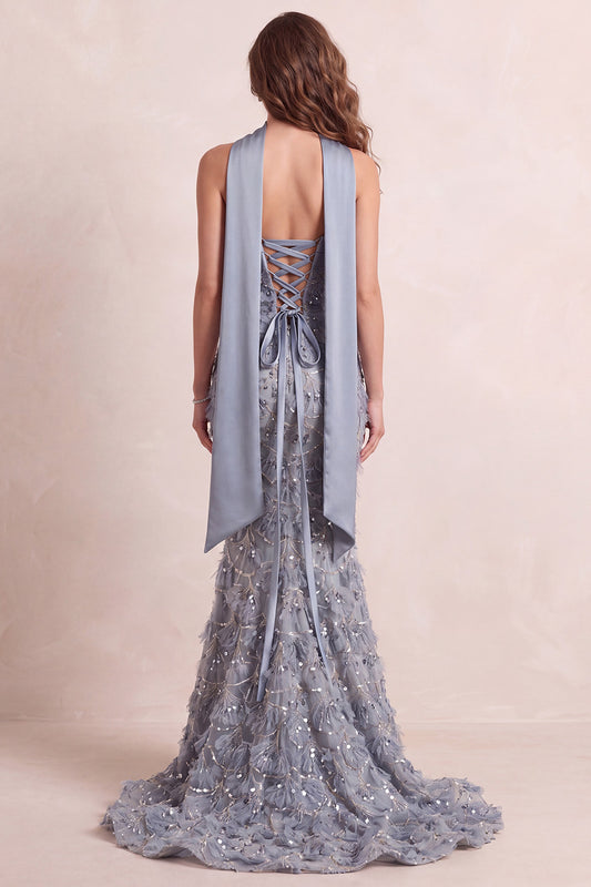 Sparkly Dusty Blue Floral Mermaid Sequins Ruched Long Prom Dress with Neck Scarf