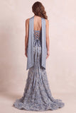Sparkly Dusty Blue Floral Mermaid Sequins Ruched Long Prom Dress with Neck Scarf