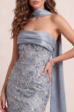 Sparkly Dusty Blue Floral Mermaid Sequins Ruched Long Prom Dress with Neck Scarf