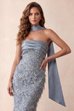 Sparkly Dusty Blue Floral Mermaid Sequins Ruched Long Prom Dress with Neck Scarf