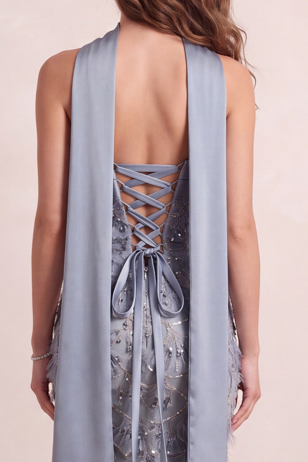 Sparkly Dusty Blue Floral Mermaid Sequins Ruched Long Prom Dress with Neck Scarf