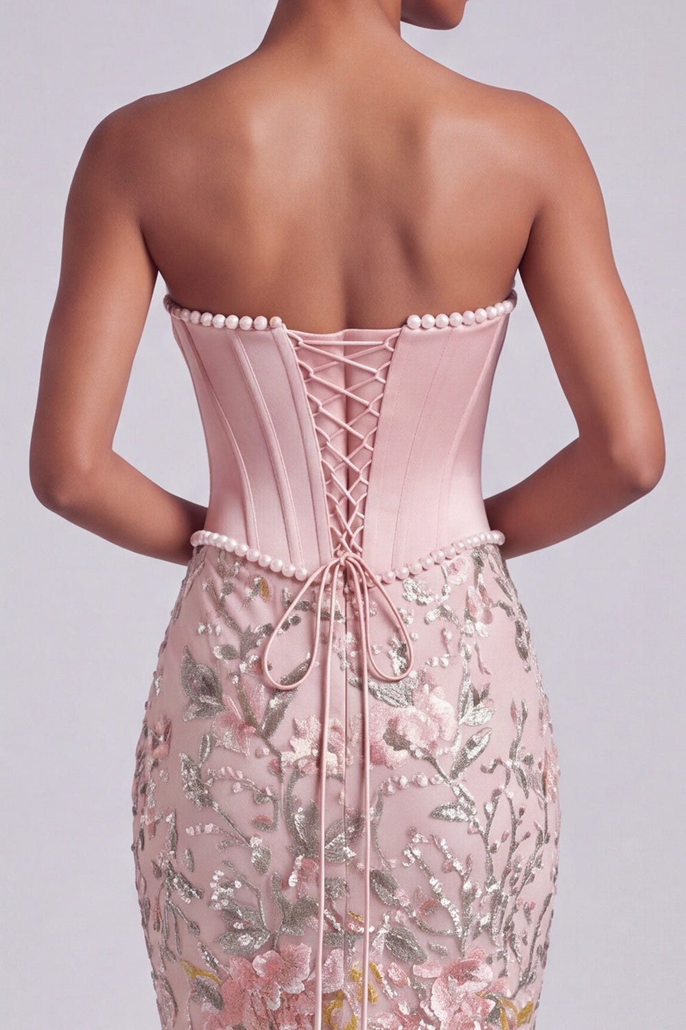Pink Corset Mermaid Strapless Long Prom Dress