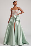 Green Corset A-Line Strapless Long Prom Dress with Slit