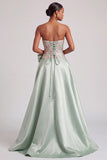 Green Corset A-Line Strapless Long Prom Dress with Slit