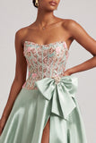 Green Corset A-Line Strapless Long Prom Dress with Slit