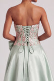 Green Corset A-Line Strapless Long Prom Dress with Slit
