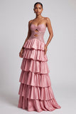 Dusty Rose Strapless Cut Out Tiered Long Prom Dress