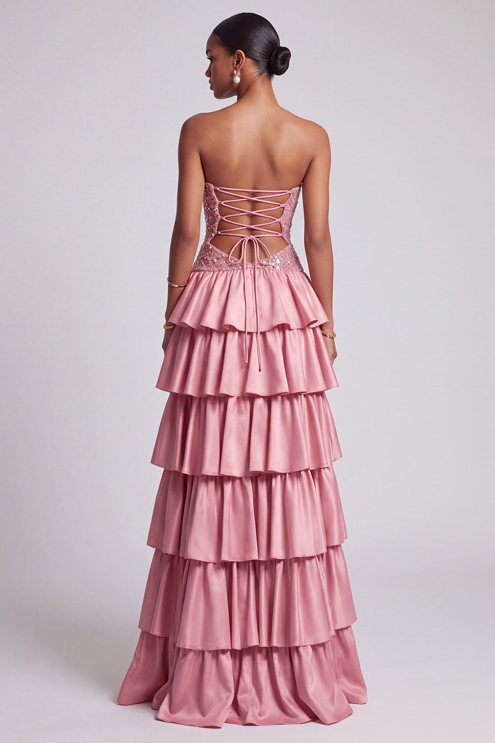 Dusty Rose Strapless Cut Out Tiered Long Prom Dress