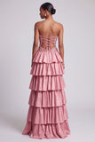 Dusty Rose Strapless Cut Out Tiered Long Prom Dress