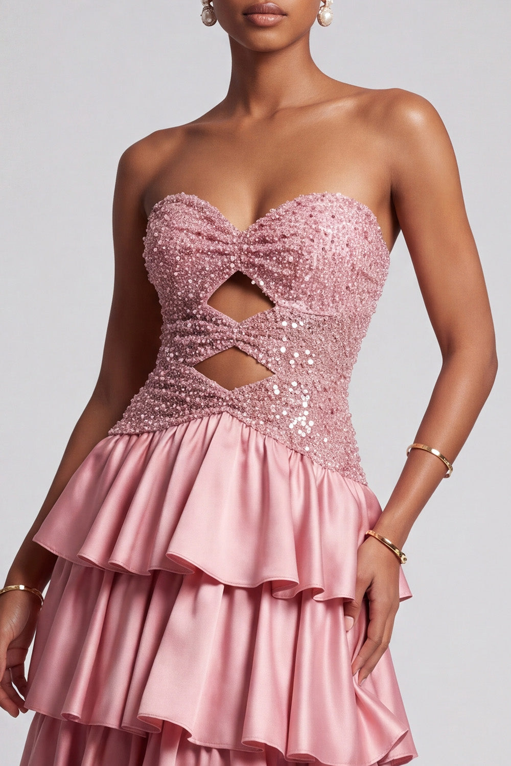 Dusty Rose Strapless Cut Out Tiered Long Prom Dress