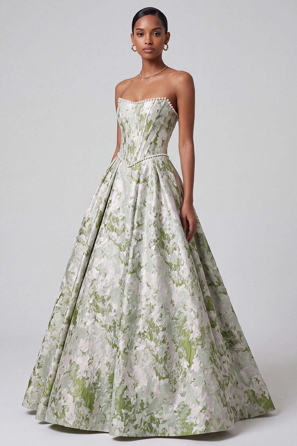 Sage Green Corset Ball Gown Strapless Floral Long Prom Dress