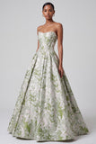 Sage Green Corset Ball Gown Strapless Floral Long Prom Dress