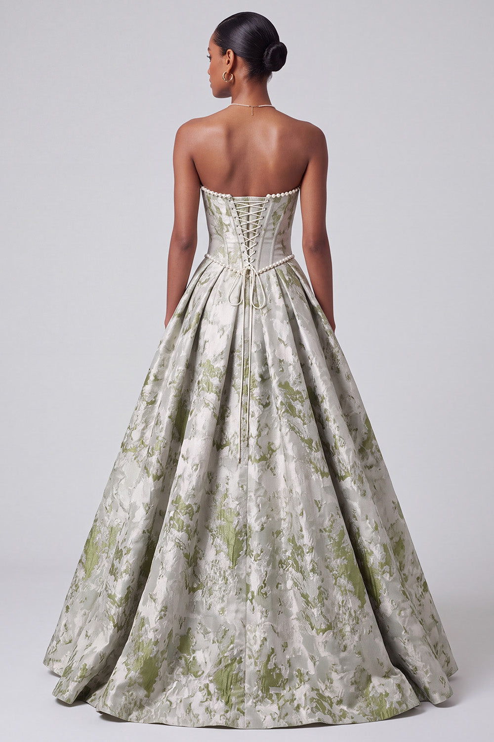 Sage Green Corset Ball Gown Strapless Floral Long Prom Dress