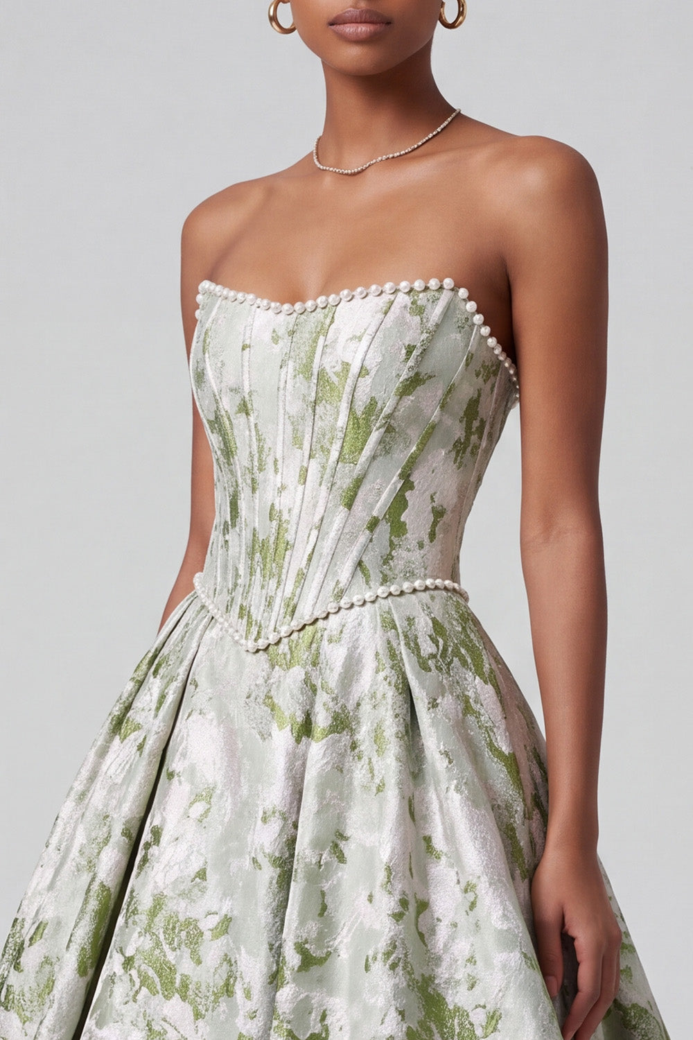 Sage Green Corset Ball Gown Strapless Floral Long Prom Dress