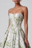 Sage Green Corset Ball Gown Strapless Floral Long Prom Dress