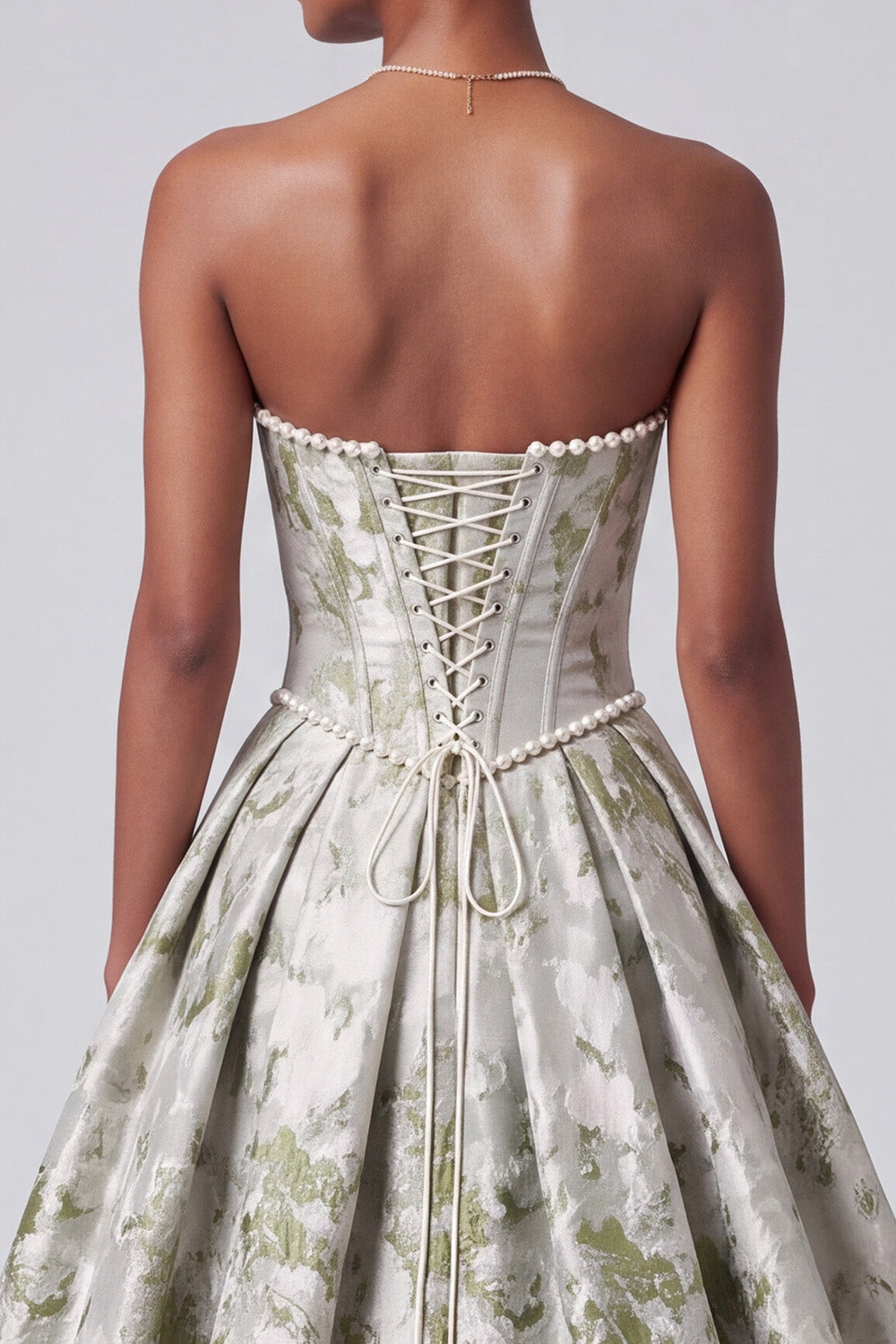 Sage Green Corset Ball Gown Strapless Floral Long Prom Dress