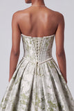 Sage Green Corset Ball Gown Strapless Floral Long Prom Dress
