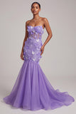 Purple Corset Mermaid Strapless Long Prom Dress