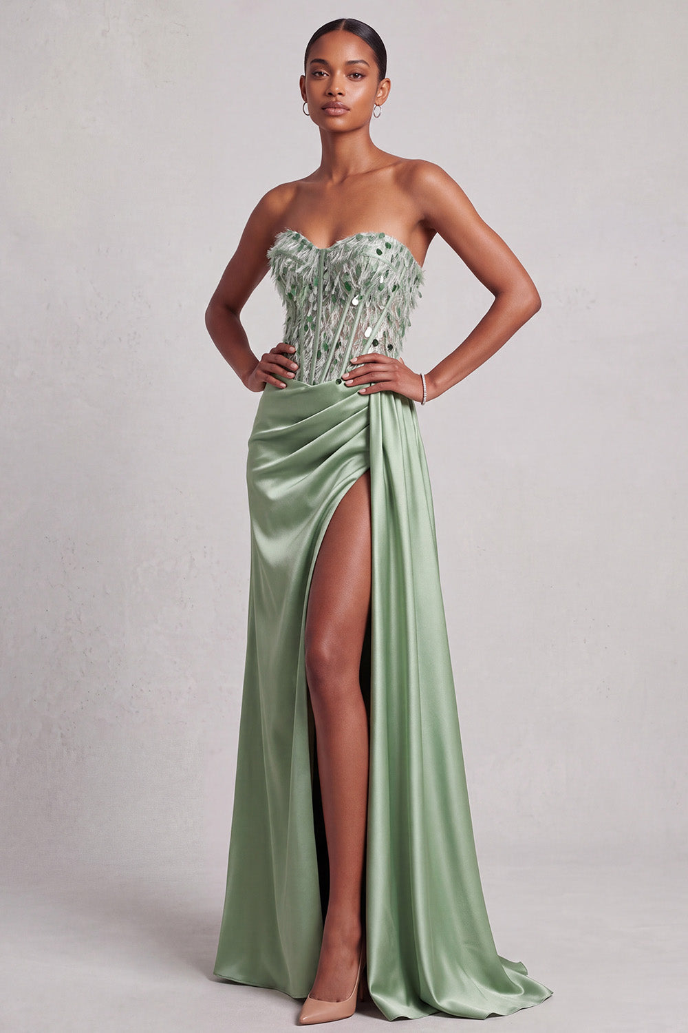 Green Corset Strapless Satin Side Slit Long Prom Dress with Feathers