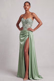 Green Corset Strapless Satin Side Slit Long Prom Dress with Feathers