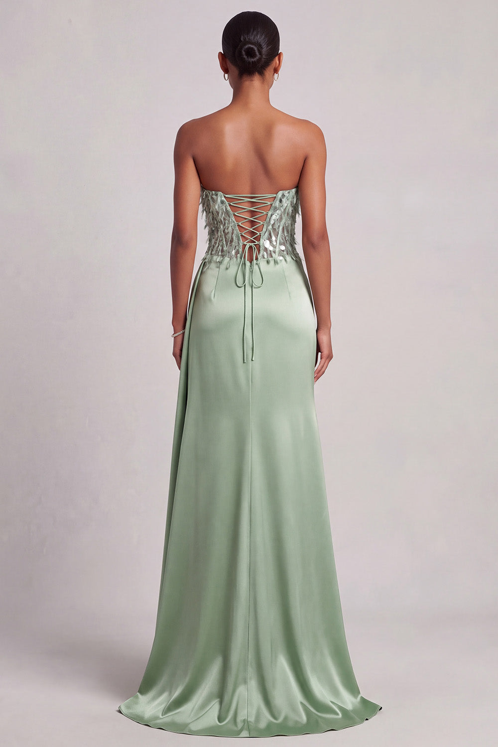 Green Corset Strapless Satin Side Slit Long Prom Dress with Feathers