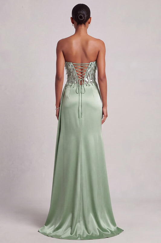 Green Corset Sweetheart Feathered Ruched Satin Long Prom Dress with Slit