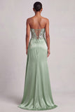 Green Corset Strapless Satin Side Slit Long Prom Dress with Feathers