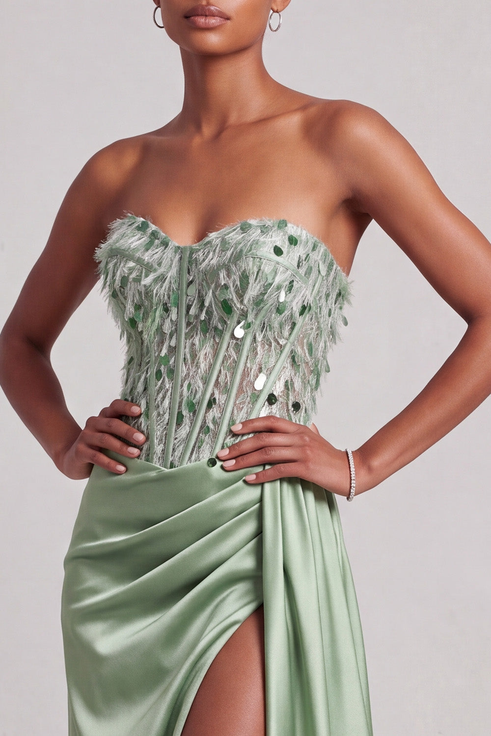 Green Corset Strapless Satin Side Slit Long Prom Dress with Feathers