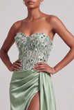 Green Corset Strapless Satin Side Slit Long Prom Dress with Feathers