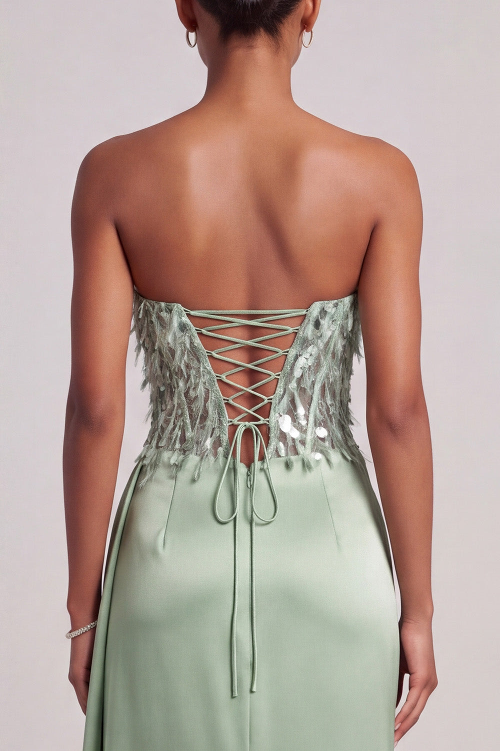 Green Corset Strapless Satin Side Slit Long Prom Dress with Feathers