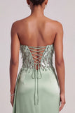 Green Corset Strapless Satin Side Slit Long Prom Dress with Feathers