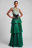 Dark Green Halter Tiered Long Prom Dress with Bow