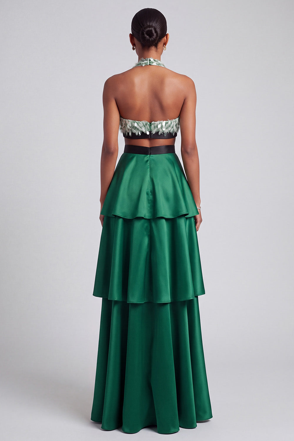 Dark Green Halter Tiered Long Prom Dress with Bow
