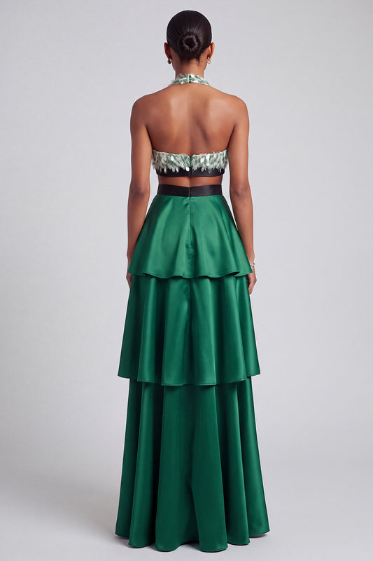 Sparkly Sequins Ruffled Dark Green Halter Tiered Long Prom Dress with Bow