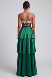 Dark Green Halter Tiered Long Prom Dress with Bow