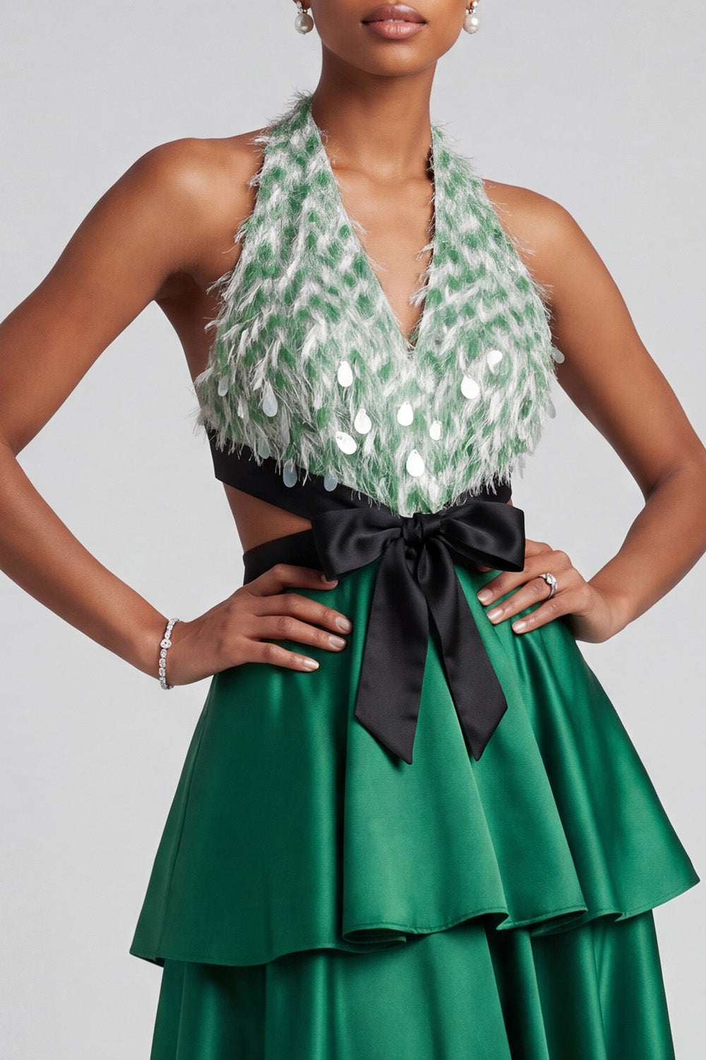 Dark Green Halter Tiered Long Prom Dress with Bow