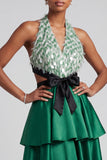 Dark Green Halter Tiered Long Prom Dress with Bow