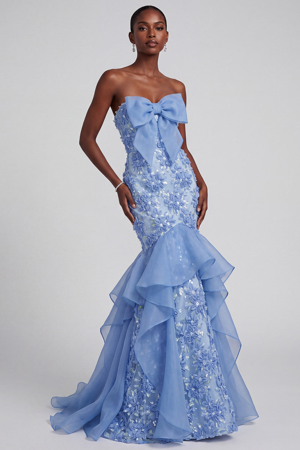 Blue Mermaid Strapless Ruffled Long Prom Dress with Bow