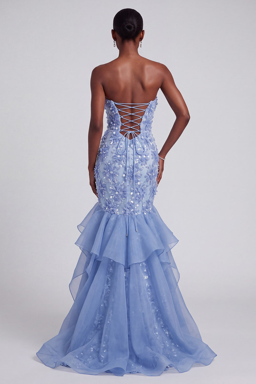 Blue Mermaid Strapless Ruffled Long Prom Dress with Bow