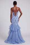 Blue Mermaid Strapless Ruffled Long Prom Dress with Bow