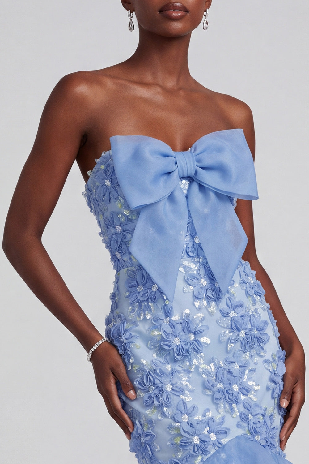 Blue Mermaid Strapless Ruffled Long Prom Dress with Bow