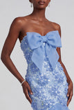 Blue Mermaid Strapless Ruffled Long Prom Dress with Bow