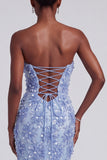 Blue Mermaid Strapless Ruffled Long Prom Dress with Bow