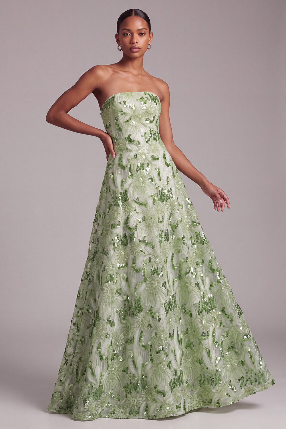 Sparkly Green A-Line Strapless Sequins Floral Long Prom Dress